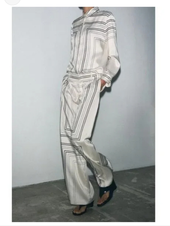 Zara Pants - Zara Ivory Wide-Leg Pants with Black Geometric Lines
